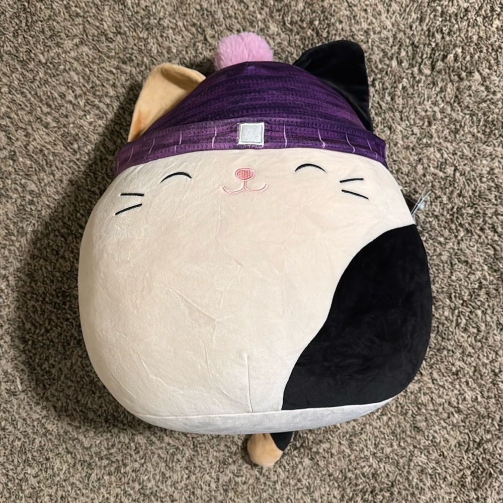 NWT Squishmallow 14 Inch Cam Calico Cat‎ With Purple Beanie Large Plush